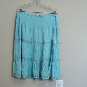 Cha Cha Vente Light Teal Tiered Midi Skirt With Silver Sequins